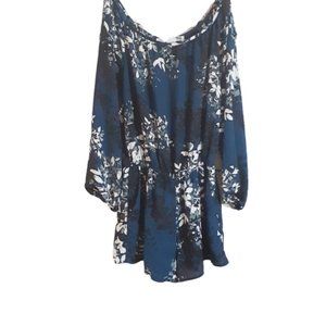 Vintage floral cold shoulder romper blue pockets